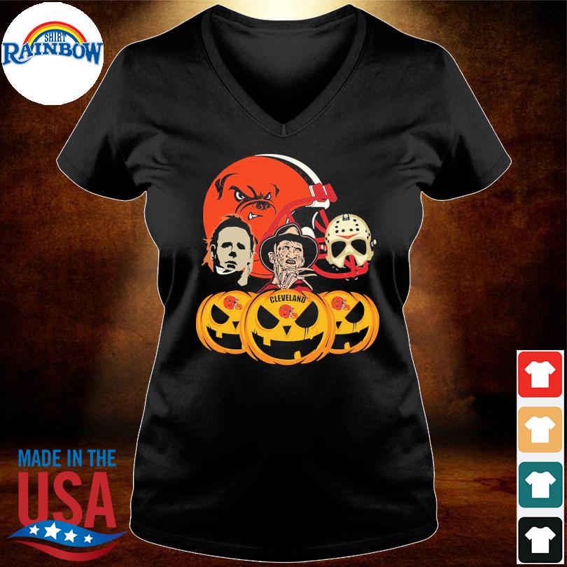 Halloween Horror Movie Pumpkin and Jason Voorhees And Freddy Krueger Cleveland  Browns shirt - Online Shoping