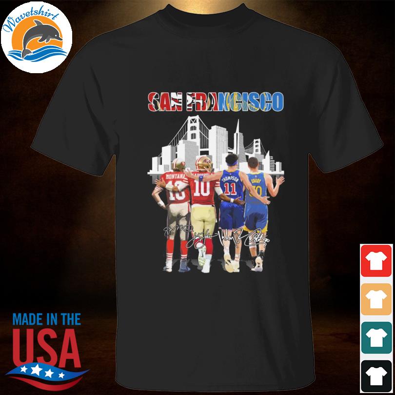 San Francisco 49ers Jimmy Garoppolo Joe Montana and Thompson Stephen Curry signatures 2023 shirt